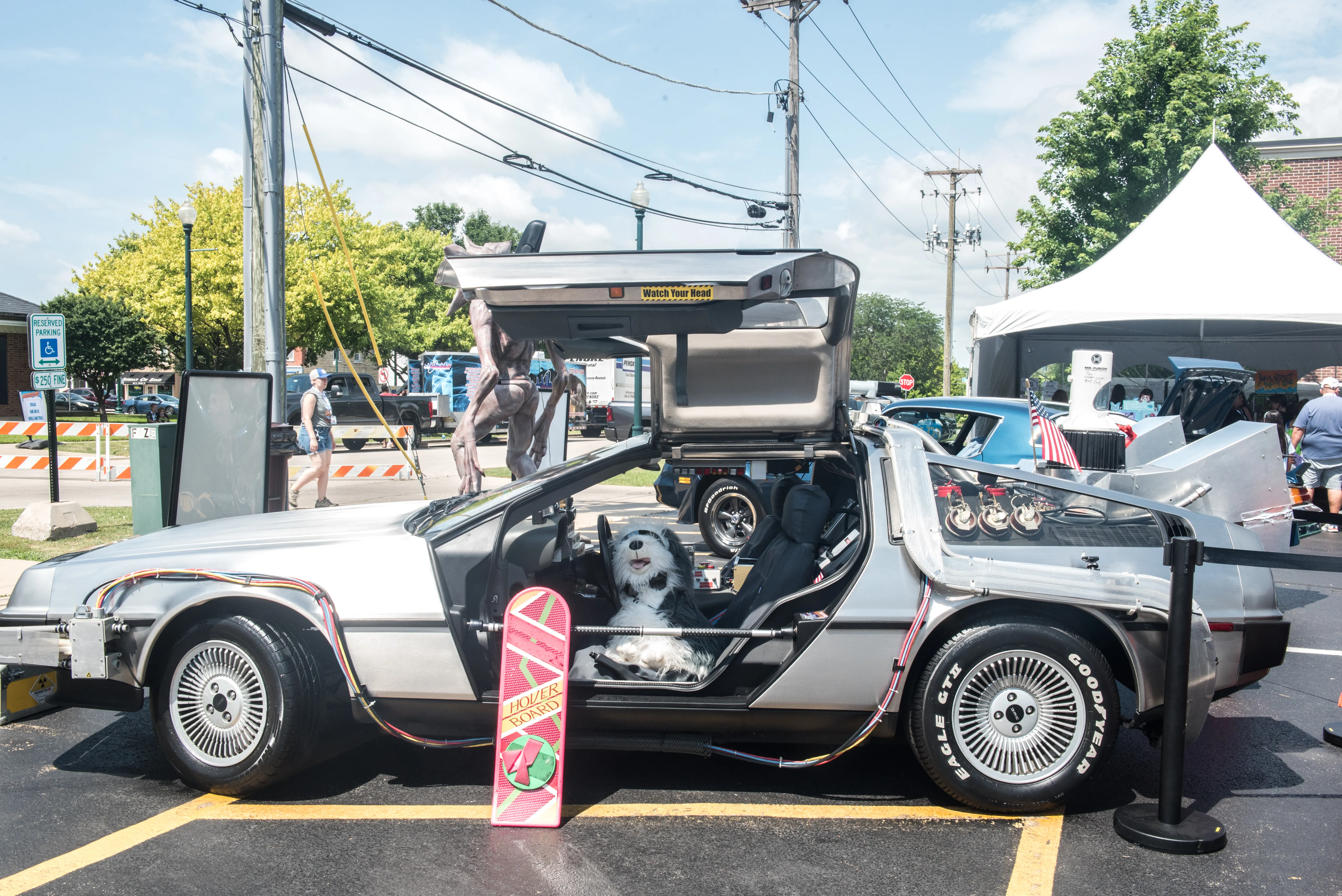 DeLorean with hoverboard leaning against it